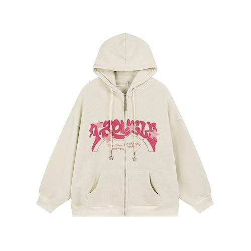 Sumleno Y2K Zip Up Hoodie Brief Druck Stern Grafik Grunge Hooded Cord Sweatshirt Jacke Oversized Retro Y2k Kleidung, Beige, L von Sumleno