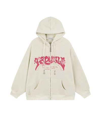 Sumleno Y2K Zip Up Hoodie Brief Druck Stern Grafik Grunge Hooded Cord Sweatshirt Jacke Oversized Retro Y2k Kleidung, Beige, XL von Sumleno