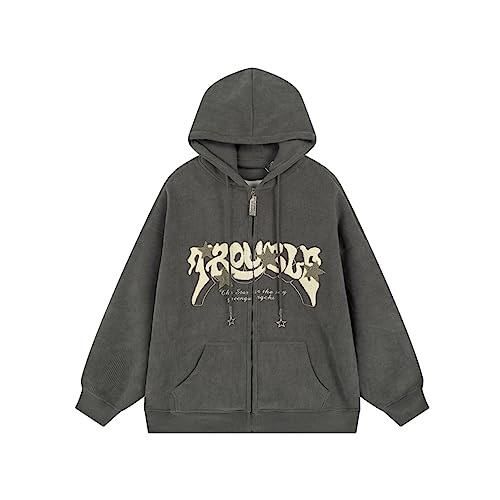 Sumleno Y2K Zip Up Hoodie Brief Druck Stern Grafik Grunge Hooded Cord Sweatshirt Jacke Oversized Retro Y2k Kleidung, Grau, M von Sumleno