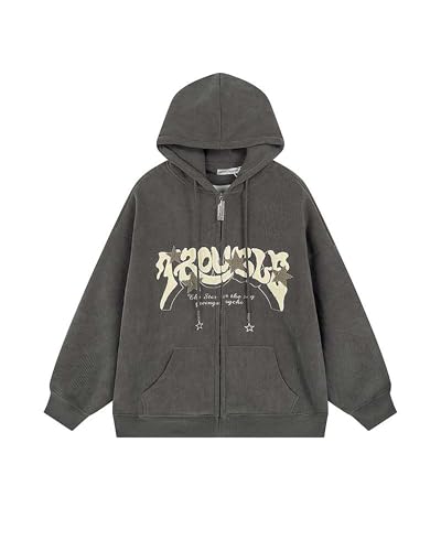 Sumleno Y2K Zip Up Hoodie Brief Druck Stern Grafik Grunge Hooded Cord Sweatshirt Jacke Oversized Retro Y2k Kleidung, Grau, M von Sumleno