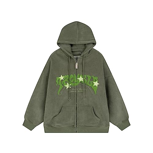 Sumleno Y2K Zip Up Hoodie Brief Druck Stern Grafik Grunge Hooded Cord Sweatshirt Jacke Oversized Retro Y2k Kleidung, Grün , M von Sumleno