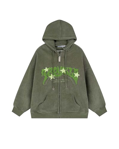 Sumleno Y2K Kapuzenpullover mit Reißverschluss, Buchstabendruck, Stern-Grafik, Grunge-Kapuzenpullover, Sweatshirt, Jacke, Übergröße, Retro, Y2k Kleidung, Grün , M von Sumleno