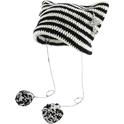 Sumleno Y2k Beanies Häkeln Gestrickte Katze Hüte Goth Kreuz Teufel Hut Gestreift Alt Emo Zubehör Grunge Y2k Ästhetische Kleidung, Weiss/opulenter Garten, Einheitsgröße von Sumleno