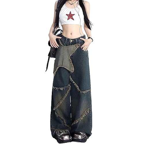 Y2K Baggy Jeans Star Patch Wide Leg Denim Pants Alt Emo 90s Grunge Aesthetic Streetwear Vintage Harajuku Y2K Kleidung, O, X-Groß von Sumleno