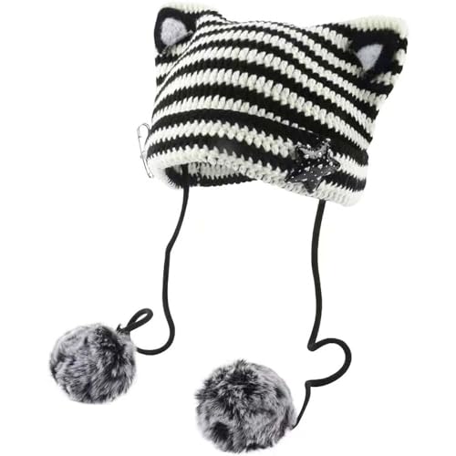 Y2k Beanie Katze Ohr Gyaru Acubi Teufel Häkeln Hüte Nette Kawaii Stern Grunge Ästhetische Pompons Cutecore Y2k Harajuku Kleidung, Weiss/opulenter Garten, Einheitsgröße von Sumleno