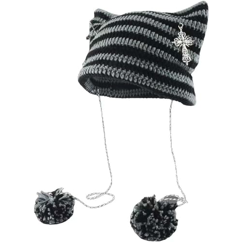 Y2k Beanies Häkeln Gestrickte Katze Hüte Goth Kreuz Teufel Hut Gestreift Alt Emo Zubehör Grunge Y2k Ästhetische Kleidung, Grau, Einheitsgröße von Sumleno