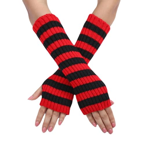 Y2k Gestreifte Armstulpen Lange Fingerlose Strickhandschuhe Punk Gothic Alt Emo Szene Cool Winter Arm Sleeves Grunge Zubehör, Rot/Ausflug, einfarbig (Getaway Solids), Einheitsgröße von Sumleno