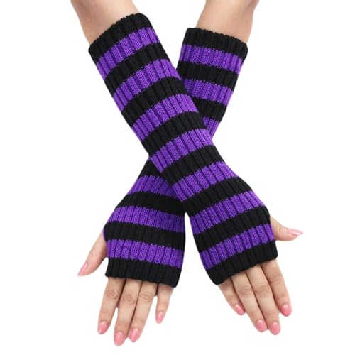 Y2k Gestreifte Armstulpen Lange Fingerlose Strickhandschuhe Punk Gothic Alt Emo Szene Cool Winter Arm Sleeves Grunge Zubehör, Violett, Einheitsgröße von Sumleno
