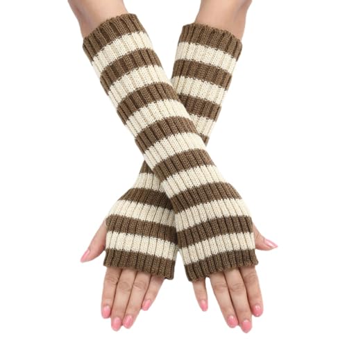 Y2k Gestreifte Armstulpen Lange Fingerlose Strickhandschuhe Punk Gothic Alt Emo Szene Coole Winter Arm Ärmel Grunge Zubehör, Khaki, Einheitsgröße von Sumleno