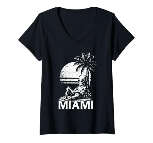 Damen Retro-Urlaub in Miami Alien Beach — UFO-Meme-Reisen T-Shirt mit V-Ausschnitt Damen Retro-Urlaub in Miami Alien Beach — UFO-Meme-Reisen T-Shirt mit V-Ausschnitt von Summer Alien Chillin Beach Vacation Funny Miami