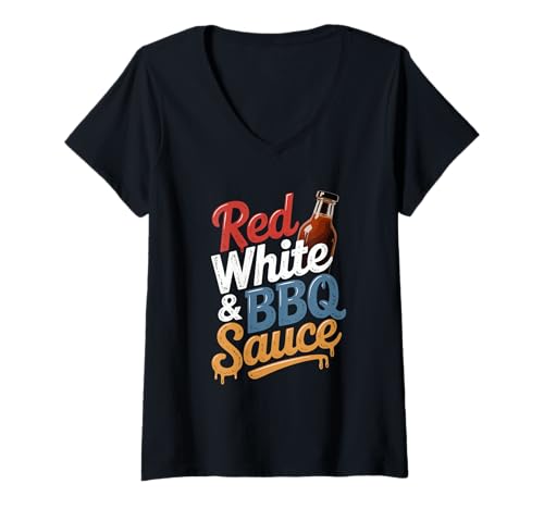 Damen Rot und Weiß & BBQ Sauce Grill T-Shirt mit V-Ausschnitt Damen Rot und Weiß & BBQ Sauce Grill T-Shirt mit V-Ausschnitt von Summer Barbecue Cookout Enthusiast