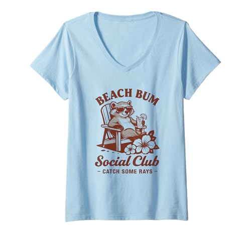 Damen Beach Bum Social Club Catch Some Rays Wilder Waschbär Sommer T-Shirt mit V-Ausschnitt Damen Beach Bum Social Club Catch Some Rays Wilder Waschbär Sommer T-Shirt mit V-Ausschnitt von Summer Beach Bum Raccoon Vintage Style Design