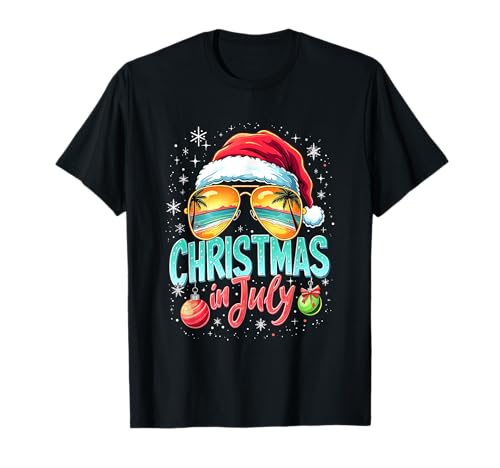 Strand Weihnachten im Juli Weihnachtsmann Sonnenbrille Herren Damen T-Shirt von Summer Beach Vacation Christmas In July