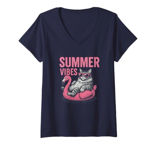 Damen Summer Vibes Cat Lustiger Flamingo Float Kitty Strandurlaub T-Shirt mit V-Ausschnitt von Summer Cat Flamingo Float Cool Vibes Beach Retro