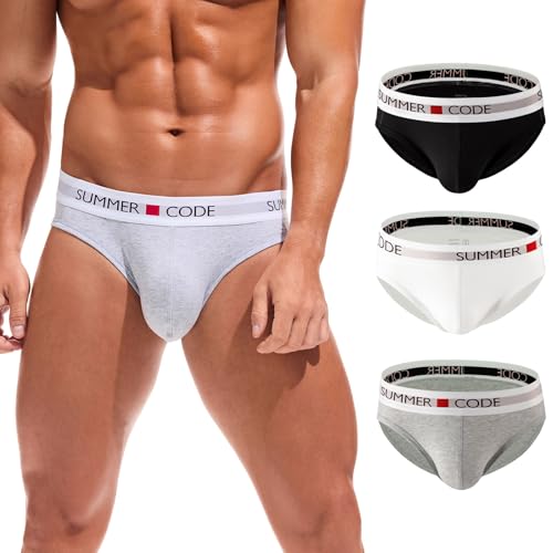 Summer Code Herren Bikini Slips Weiche und Atmungsaktive Baumwolle Unterwäsche Elastischer Bund Unterhosen, Schwarz/Weiß/Grau, L von Summer Code