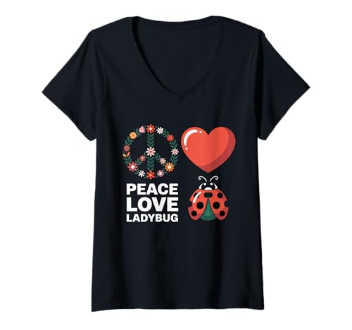 Damen Marienkäfer Blume Herz Liebe Frieden Marienkäfer Ladybug Liebhaber T-Shirt mit V-Ausschnitt von Summer Cute Ladybugs Insect Bugs