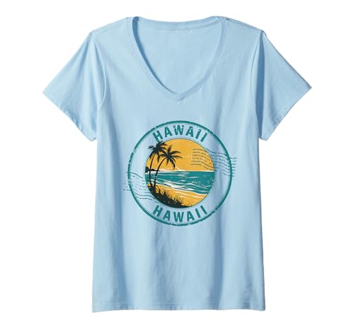 Damen Hawaii, Vintage-Reisestempel, Inselstrand, Palmen T-Shirt mit V-Ausschnitt von Summer Designs
