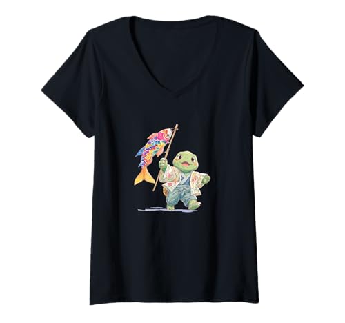 Damen Japanisches Festival Kostüm mit Schildkröte für Sommerfeier T-Shirt mit V-Ausschnitt von Summer Festival Outfit