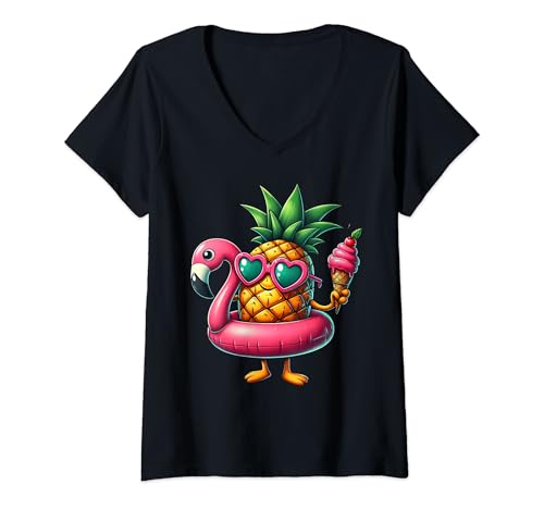 Damen Lustige Ananas Schwimmen Float Eiscreme Sonnenbrille Strand T-Shirt mit V-Ausschnitt Damen Lustige Ananas Schwimmen Float Eiscreme Sonnenbrille Strand T-Shirt mit V-Ausschnitt von Summer Flamingo Swimming Float Ideas