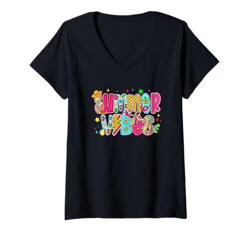 Damen Heller und farbenfroher Sommer-Vibes-Text T-Shirt mit V-Ausschnitt Damen Heller und farbenfroher Sommer-Vibes-Text T-Shirt mit V-Ausschnitt von Summer Fun Vibes Beach Vacation Style