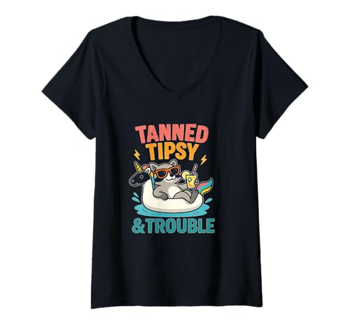 Damen Gebräuntes Tipsy & Trouble Lustiges Sommermotiv T-Shirt mit V-Ausschnitt Damen Gebräuntes Tipsy & Trouble Lustiges Sommermotiv T-Shirt mit V-Ausschnitt von Summer Fun Vibes Humor Pool Party