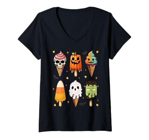 Damen Horrorfilme Sommer EIS am Stiel Halloween EIS Summerween T-Shirt mit V-Ausschnitt Damen Horrorfilme Sommer EIS am Stiel Halloween EIS Summerween T-Shirt mit V-Ausschnitt von Summer Halloween Funny
