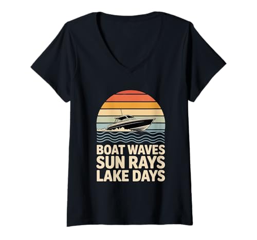 Damen Boot Wellen Sonnenstrahlen See Tage Sommer See Leben T-Shirt mit V-Ausschnitt Damen Boot Wellen Sonnenstrahlen See Tage Sommer See Leben T-Shirt mit V-Ausschnitt von Summer Lake Life Lake Boating