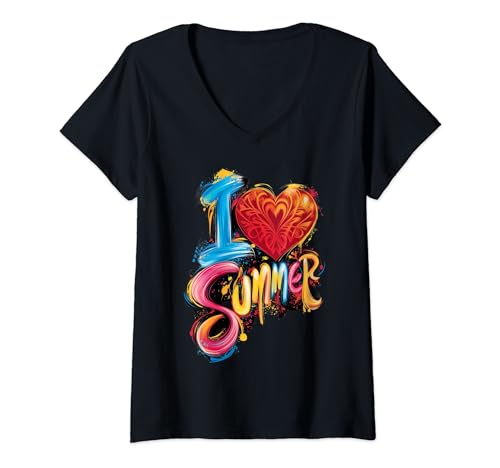Damen Ich liebe sommerliche, farbenfrohe, lebendige Männer, Frauen und Jugendliche T-Shirt mit V-Ausschnitt von Summer Love Holidays Vacation Vibes & Humor Rest