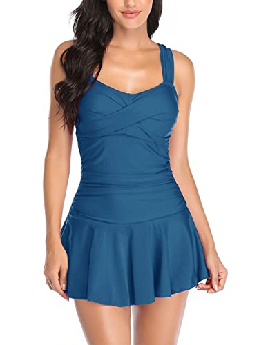 Damen Badekleid Bauchweg Einteiliger Badeanzug Push Up Badeanzugkleid Retro Schwimmrock Blau L von Summer Mae