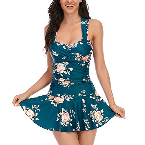 Damen Badekleid Bauchweg Einteiliger Badeanzug Push Up Badeanzugkleid Retro Schwimmrock Grün Blumen S von Summer Mae