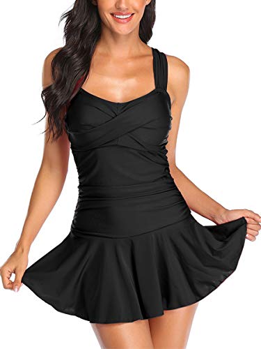 Damen Badekleid Bauchweg Einteiliger Badeanzug Push Up Badeanzugkleid Retro Schwimmrock Schwarz L von Summer Mae