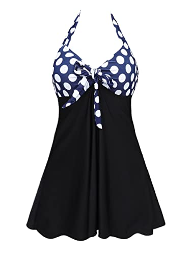 Damen Badekleid Neckholder Einteiliger Tankini mit Shorts Push Up Bedruckt Blau Punkte Schwarz S von Summer Mae