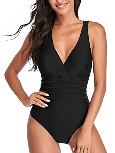 Damen Bauchweg Badeanzug mit Rüschen V-Ausschnitt Monokini Volants Bademode Schwarz S von Summer Mae