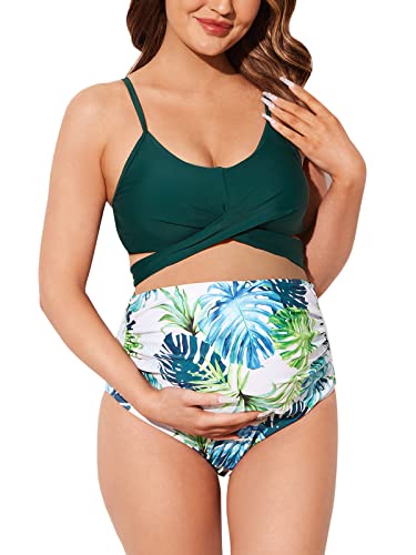 Damen Criss Cross Schwangerschafts-Bikini, hohe Taille, String, Blumenmuster, zweiteilig, Schwangerschafts-Bademode, Beiges zartes Blattwerk, Medium von Summer Mae