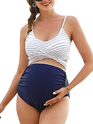 Damen Criss Cross Schwangerschafts-Bikini, hohe Taille, String, Blumenmuster, zweiteilig, Schwangerschafts-Bademode, weiß / blau, S von Summer Mae