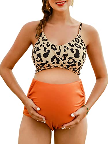 Damen Criss Cross Umstands-Bikini Hohe Taille String Floral Zweiteilige Schwangerschaft Bademode, Leopardenmuster Orange, Medium von Summer Mae