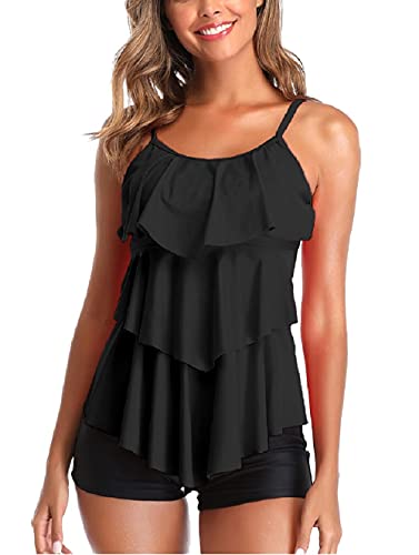 Damen Tankini Volants Badeanzug mit Badeshorts Zwei Teilig Bademode Schwarz L von Summer Mae