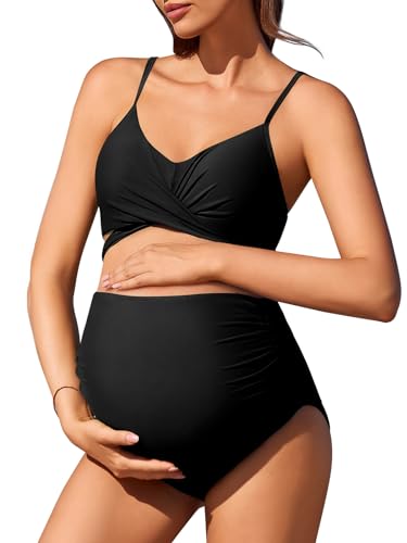 Summer Mae Umstands-Bikini, überkreuzt, hohe Taille, String, Blumen-Badeanzug, zweiteilig, Schwangerschafts-Bademode, Schwarz, Large von Summer Mae