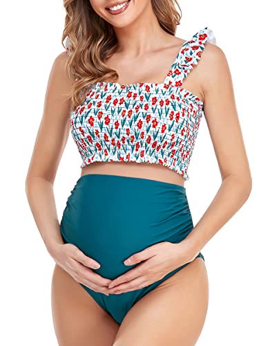 Schwangerschafts-Bikini, hohe Taille, zweiteilig, gerüschter Saum, niedlicher Blumen-Badeanzug, Red Flower, Medium von Summer Mae