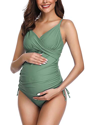 Solide Schwangerschafts Badeanzug Retro Pflaume Wrap Front Tankini Armeegrün L von Summer Mae