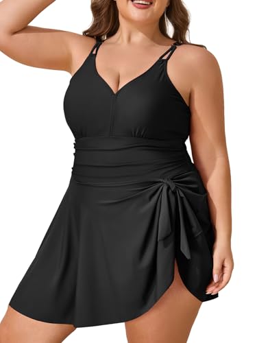 Summer Mae Badeanzug in Übergröße für Damen, einteilig, Bauchkontrolle, Badeanzug mit fließendem Rock, bescheidene Bademode, Schwarz, 22 Plus von Summer Mae