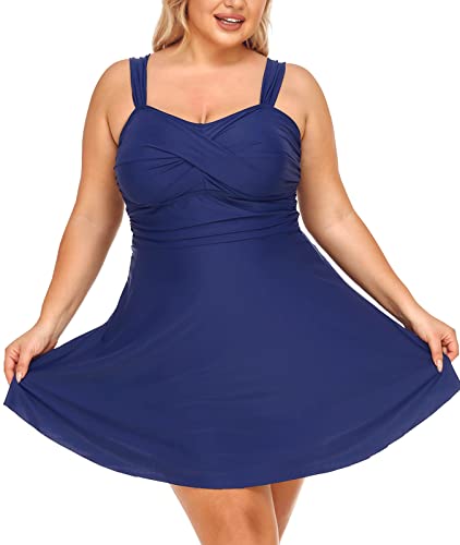 Summer Mae Damen Badekleid Große Größen Zweiteiliger Tankini mit Shorts V-Ausschnitt Badeanzug Plus Size Blau 48 von Summer Mae