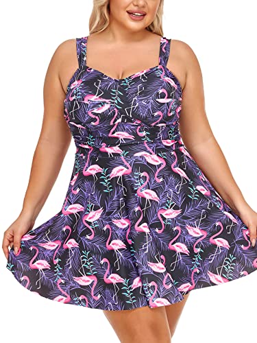 Summer Mae Damen Badekleid Große Größen Zweiteiliger Tankini mit Shorts V-Ausschnitt Badeanzug Plus Size Flamingo 44 von Summer Mae