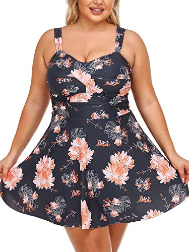 Summer Mae Damen Badekleid Große Größen Zweiteiliger Tankini mit Shorts V-Ausschnitt Badeanzug Plus Size Hibiskus 44 von Summer Mae