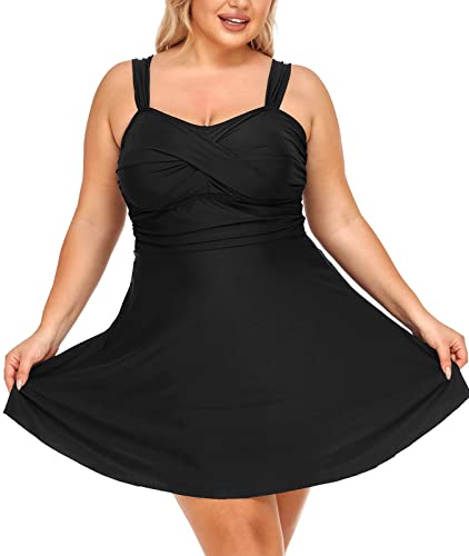 Summer Mae Damen Badekleid Große Größen Zweiteiliger Tankini mit Shorts V-Ausschnitt Badeanzug Plus Size Schwarz 44 von Summer Mae