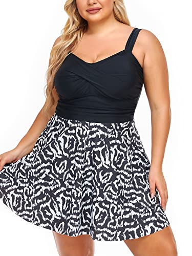 Summer Mae Damen Badekleid Große Größen Zweiteiliger Tankini mit Shorts V-Ausschnitt Badeanzug Plus Size Schwarz-Weiß Leopard 44 von Summer Mae