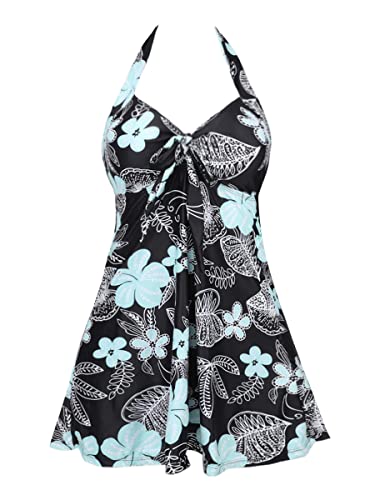 Summer Mae Damen Badekleid Neckholder Einteiliger Tankini mit Shorts Push Up Bedruckt Schwarz Grün Blumen L von Summer Mae