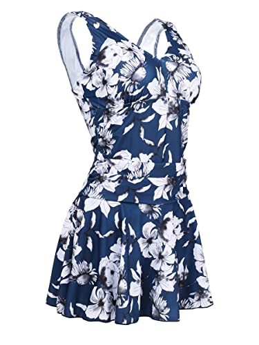 Summer Mae Damen Badekleid Plus Size Geblümt Figurformender Einteiler Badeanzug Swimsuit Blau Grau Blumen (EU Size 40-42) von Summer Mae