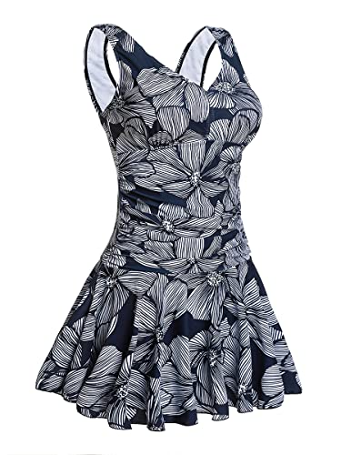 Summer Mae Damen Badekleid Plus Size Geblümt Figurformender Einteiler Badeanzug Swimsuit Dunkelblau Blumen (EU Size 42-44) von Summer Mae