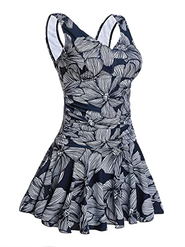 Summer Mae Damen Badekleid Plus Size Geblümt Figurformender Einteiler Badeanzug Swimsuit Dunkelblau Blumen (EU Size 48-50) von Summer Mae